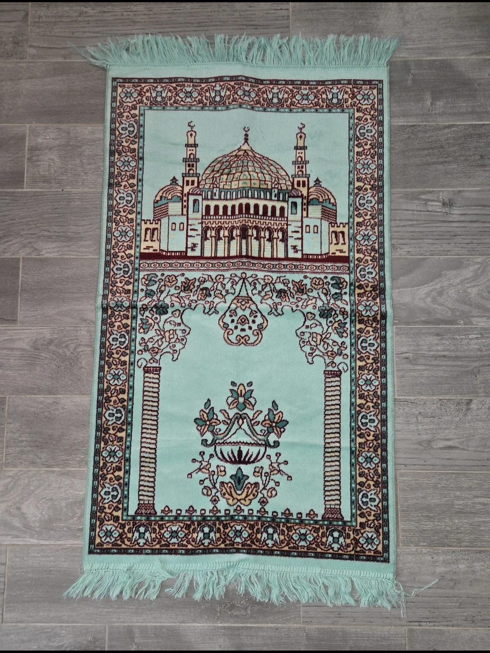 Turquoise Mosque Prayer Rug with Fringe
